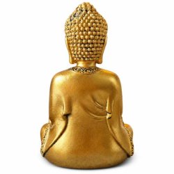 Bagsiden af gylden Buddha figur med m�nstret h�r og draperet kappe