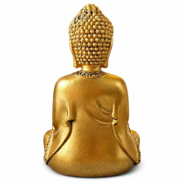 Bagsiden af gylden Buddha figur med m�nstret h�r og draperet kappe