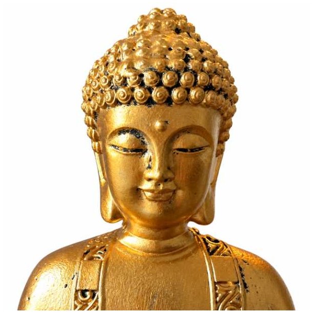 N�rbillede af Buddha figurens ansigt med gylden overflade og kr�llet h�r