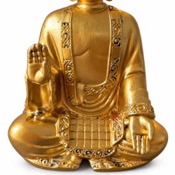 Close-up af gylden Buddha med detaljeret dragt og h�nder