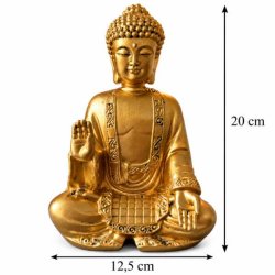 Gylden Buddha figur med m�l p� 20 cm i h�jden og 12,5 cm i bredden