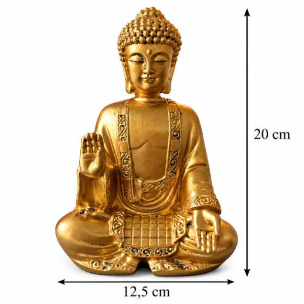 Gylden Buddha figur med m�l p� 20 cm i h�jden og 12,5 cm i bredden