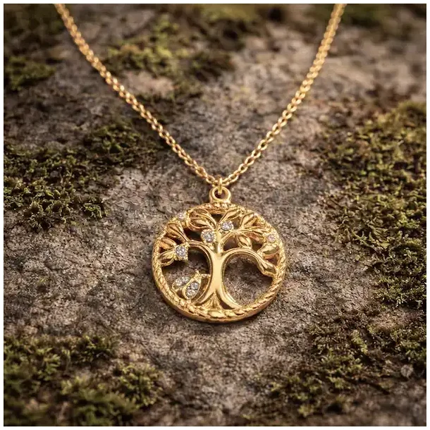 Livets Tr� halsk�de i forgyldt st�l � spirituelt smykke