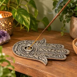 Hamsa r�gelsesholder i metal &ndash; dekorativ h�ndformet r�gelsesholder med gr�nne planter