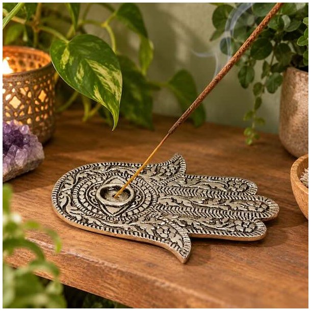 Hamsa r�gelsesholder i metal &ndash; dekorativ h�ndformet r�gelsesholder med gr�nne planter