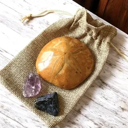 Havvisdom &amp; Indre Ro  krystalkit med bl dumortierit, r ametyst og sanddollar