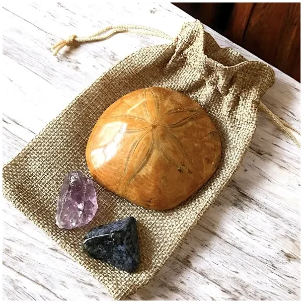 Havvisdom &amp; Indre Ro  krystalkit med bl dumortierit, r ametyst og sanddollar
