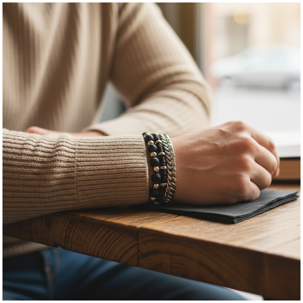 Iron Shadow herrearmb�nd i st�l og sorte stenperler � r� 3-i-1 stil