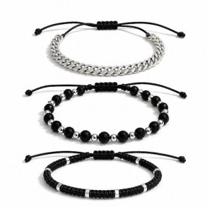 Iron Shadow herrearmb�nd i st�l og sorte stenperler � r� 3-i-1 stil