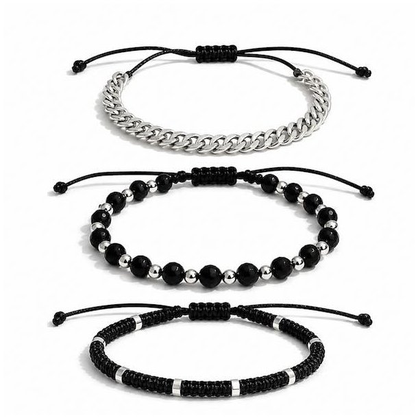 Iron Shadow herrearmb�nd i st�l og sorte stenperler � r� 3-i-1 stil