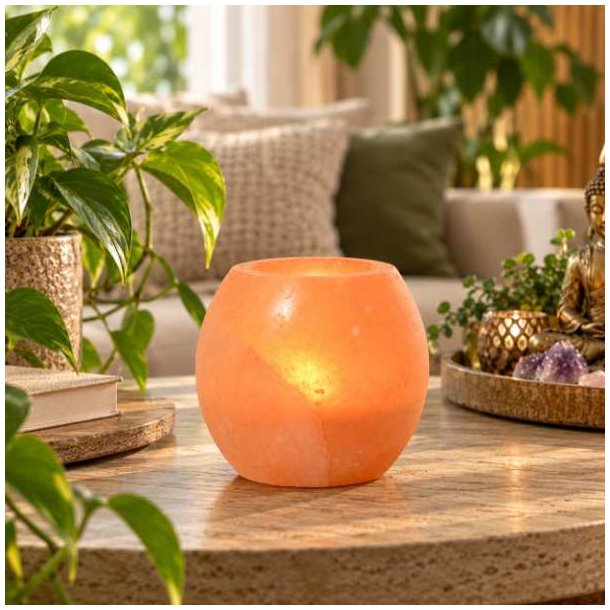 Himalaya salt fyrfadsstage med varmt lys p� sofabord i moderne Feng Shui-inspireret hjem med gr�nne planter.