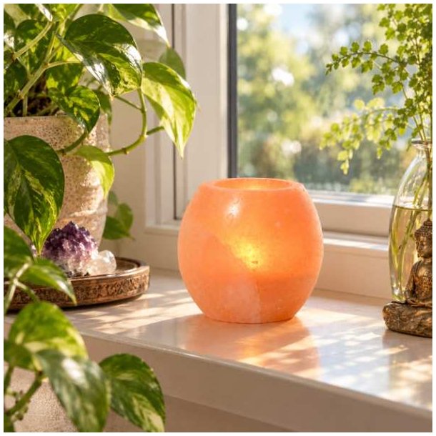 H�ndpoleret Himalaya salt fyrfadsstage i vindueskarm med gr�nne planter og naturligt dagslys.