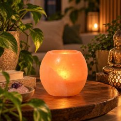 T�ndt Himalaya salt fyrfadsstage med gyldent sk�r i et hyggeligt Feng Shui-inspireret hjem med gr�nne planter.
