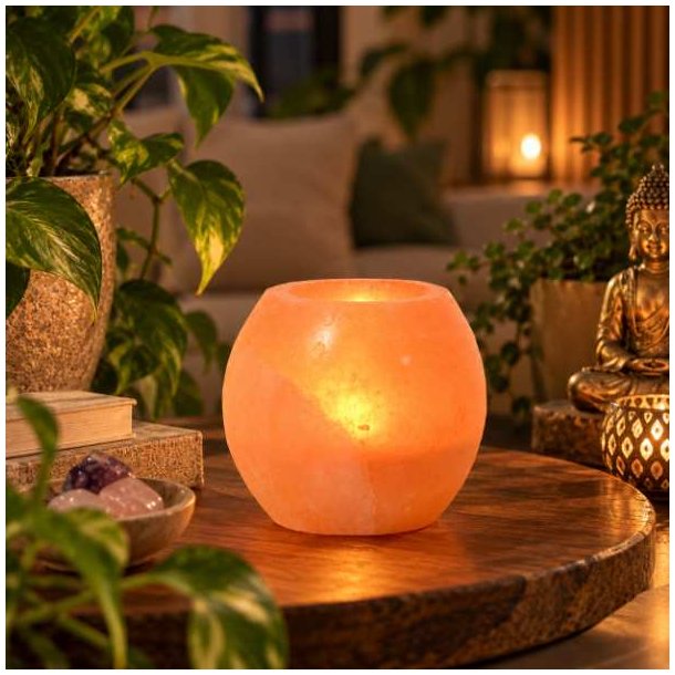 T�ndt Himalaya salt fyrfadsstage med gyldent sk�r i et hyggeligt Feng Shui-inspireret hjem med gr�nne planter.