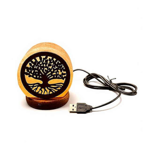 Himalaya salt lampe med Livets Tr, LED farveskift og USB  ca. 7-800 g