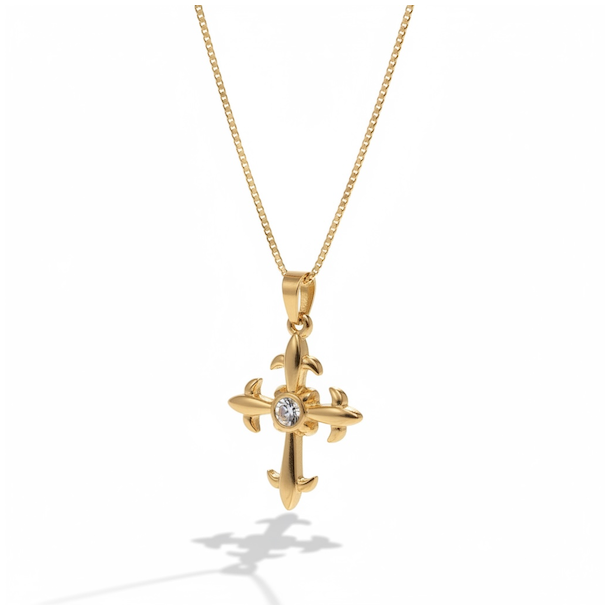 Forgyldt st�lhalsk�de med kors p�sat klar rhinsten - Himmelsk Gl�d