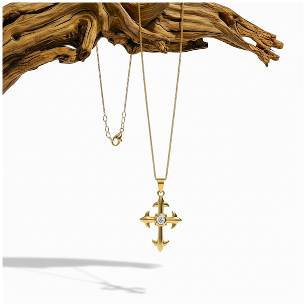 Forgyldt st�lhalsk�de med kors p�sat klar rhinsten - Himmelsk Gl�d