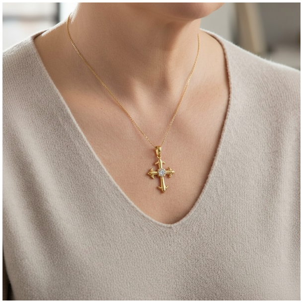 Forgyldt st�lhalsk�de med kors p�sat klar rhinsten - Himmelsk Gl�d