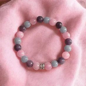 Hjertelys krystalarmbnd  16-17 cm med lepidolit, angelit og kunzit