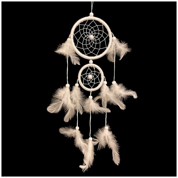 Elegant hvid drmmefanger med gte fjer og perler, totallngde 55 cm