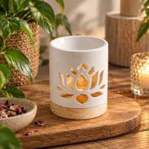 Hvid keramisk aromalampe med lotusblomst t�ndt p� tr�bord