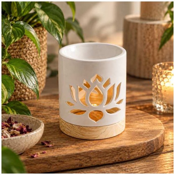 Hvid keramisk aromalampe med lotusblomst t�ndt p� tr�bord