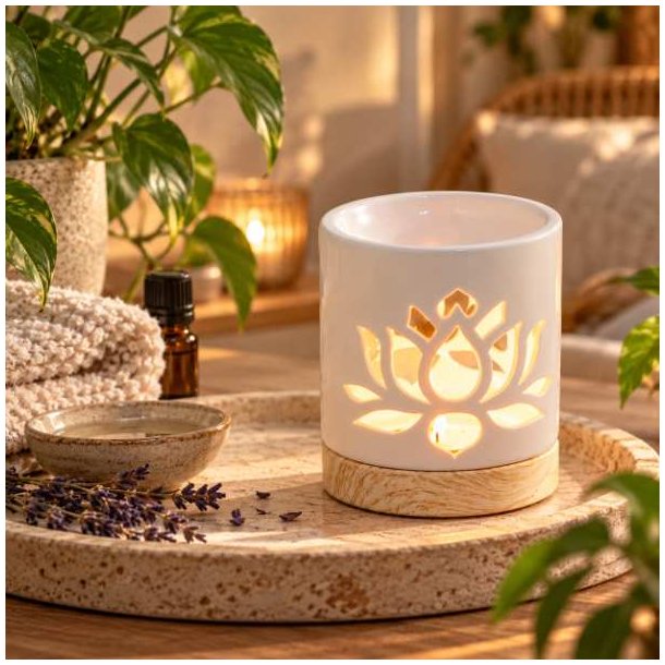 Hvid duftlampe med lotusmotiv p� dekorativ tr�bakke