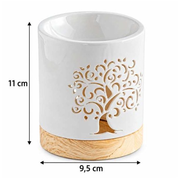 Hvid aromalampe p� 11 cm med livets tr� og m�lindikationer