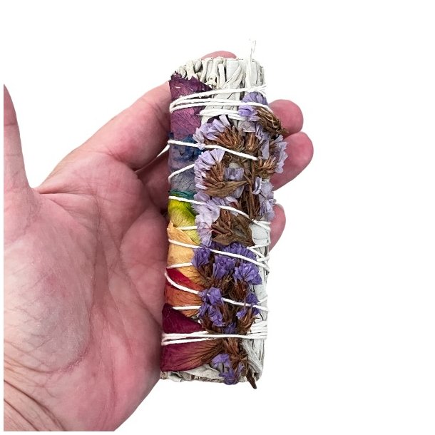 Hvid Salvie med Chakrafarvede Rosenblade | M�l ca. 10,5 cm 