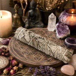 Stor hvid salvie smudge stick 18 cm p� natursten omgivet af gr�nne planter &ndash; h�ndbundet hvid salvie til smudging og spirituelle ritualer.