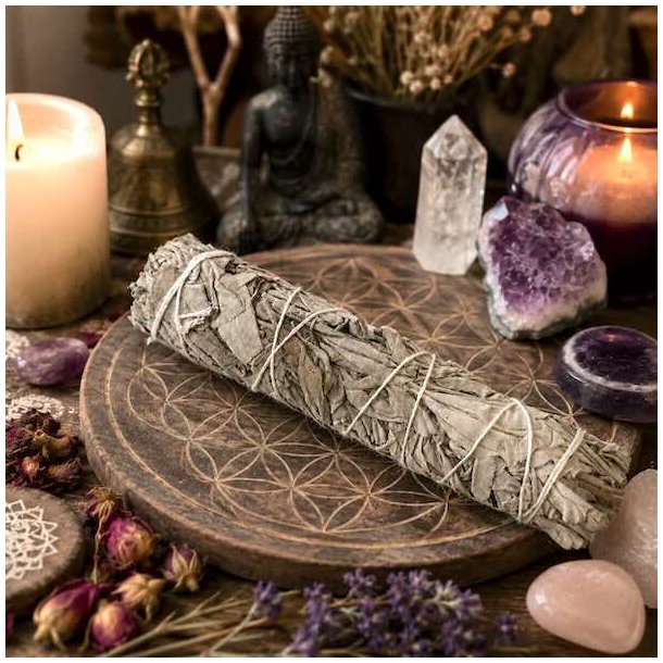 Stor hvid salvie smudge stick 18 cm p� natursten omgivet af gr�nne planter &ndash; h�ndbundet hvid salvie til smudging og spirituelle ritualer.