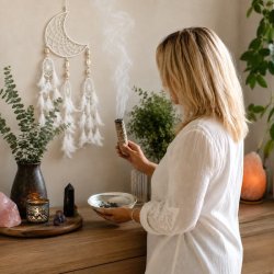 Kvinde renser hjemmet med hvid salvie smudge stick foran dr�mmefanger og krystaller.
