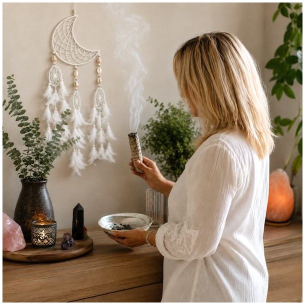 Kvinde renser hjemmet med hvid salvie smudge stick foran dr�mmefanger og krystaller.