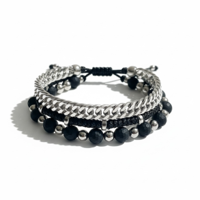 Iron Shadow herrearmb�nd i st�l og sorte stenperler � r� 3-i-1 stil