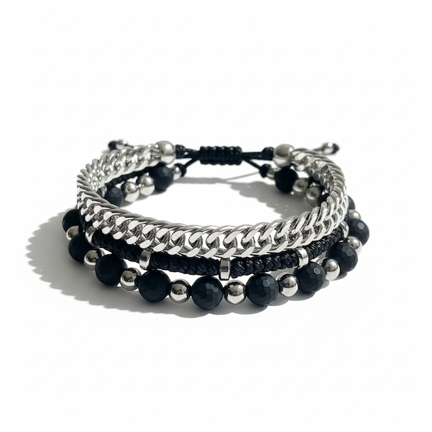 Iron Shadow herrearmb�nd i st�l og sorte stenperler � r� 3-i-1 stil