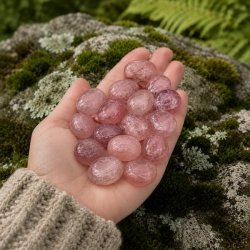 H�nd holder jordb�rkvarts lommesten i rosa og rosar�de toner udend�rs i naturligt milj�