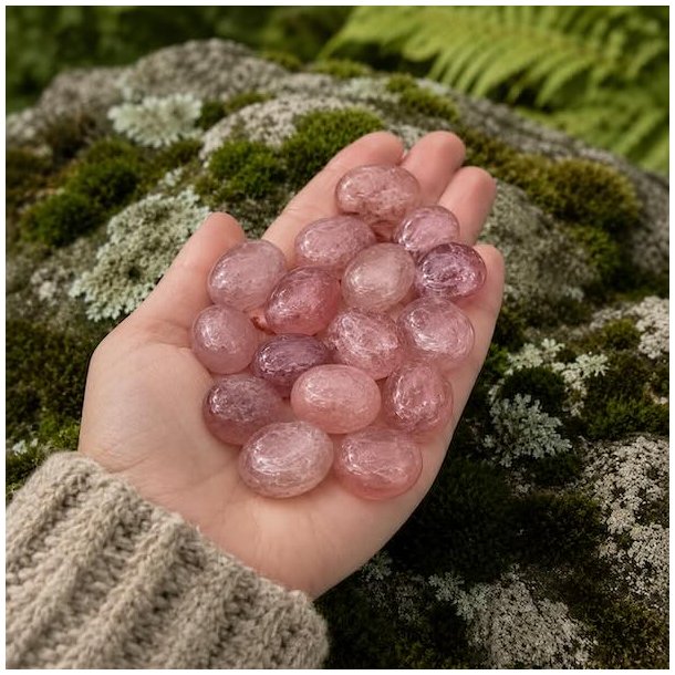 H�nd holder jordb�rkvarts lommesten i rosa og rosar�de toner udend�rs i naturligt milj�