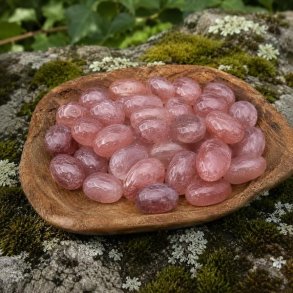 Polerede jordb�rkvarts lommesten i rosa og rosar�de nuancer p� naturlig baggrund med mos og tr�sk�l