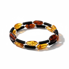 Unikt h�ndlavet justerbart unisex armb�nd med �gte baltisk rav i varme naturnuancer