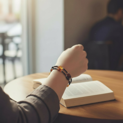 Unikt h�ndlavet justerbart unisex armb�nd med �gte baltisk rav i varme naturnuancer