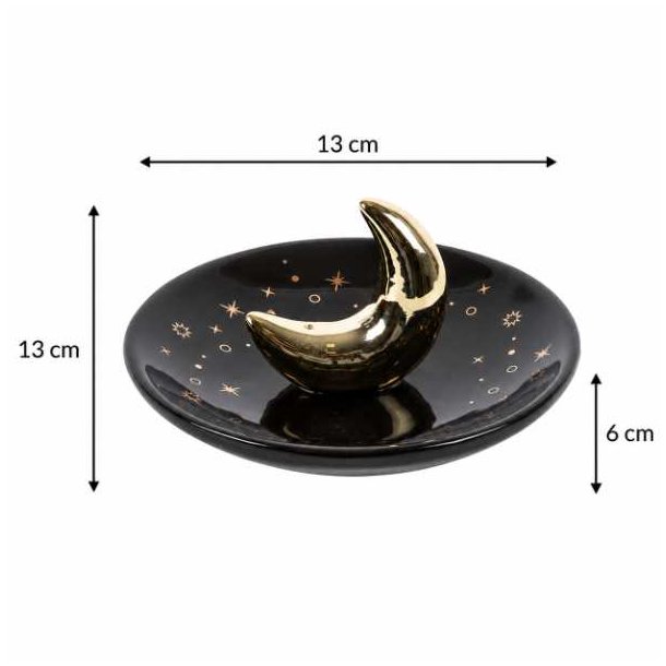 R�gelsesholder med m�ne og stjerner i glaseret keramik med m�l 13 x 13 x 6 cm vist p� hvid baggrund.