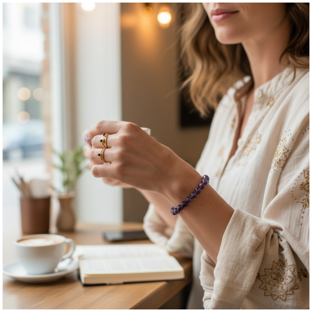 Krystal armb�nd i Ametyst | 8 mm stenperler | M�l 16,5 - 19 cm