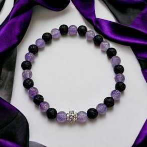 Krystal armb�nd  Ametyst | lavasten | 6 mm perler | M�l 16 - 20 cm