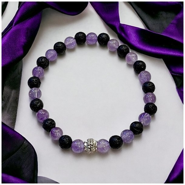 Krystal armb�nd  Ametyst | lavasten | 6 mm perler | M�l 16 - 20 cm