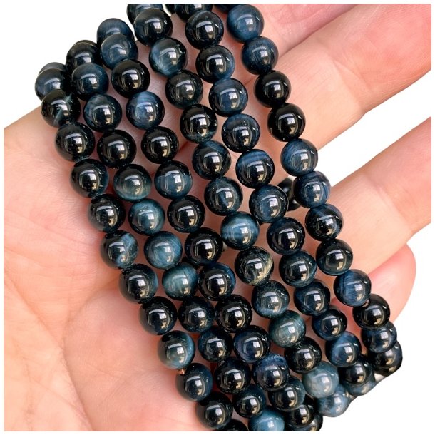 Unikke krystalarmb�nd i falke�je/Bl� tiger�je � 16-18 cm, 6 mm perler