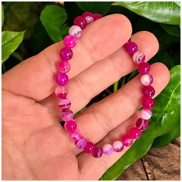 Krystal armb�nd | pink agat | 6 mm stenperler | M�l 15 - 17 cm