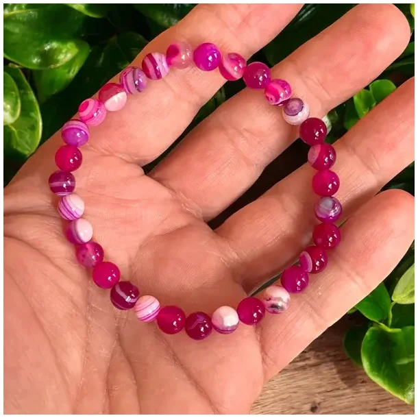 Krystal armb�nd | pink agat | 6 mm stenperler | M�l 15 - 17 cm