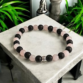 Krystal armb�nd m. rosenkvarts og lavasten | 6 mm stenperler | M�l 16 - 17 cm