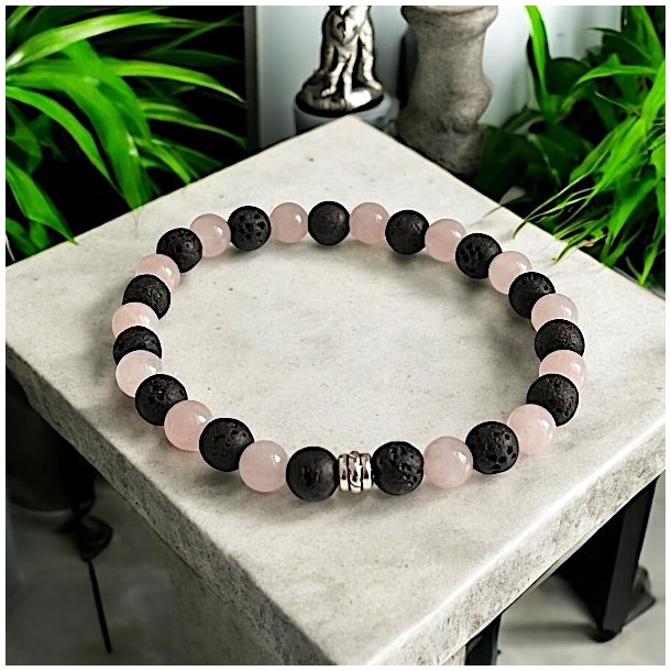Krystal armb�nd m. rosenkvarts og lavasten | 6 mm stenperler | M�l 16 - 17 cm