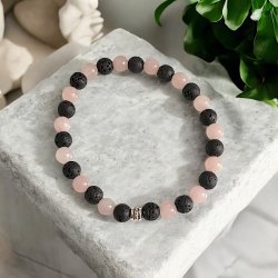 Krystal armb�nd m. rosenkvarts og lavasten | 6 mm stenperler | M�l 16 - 17 cm